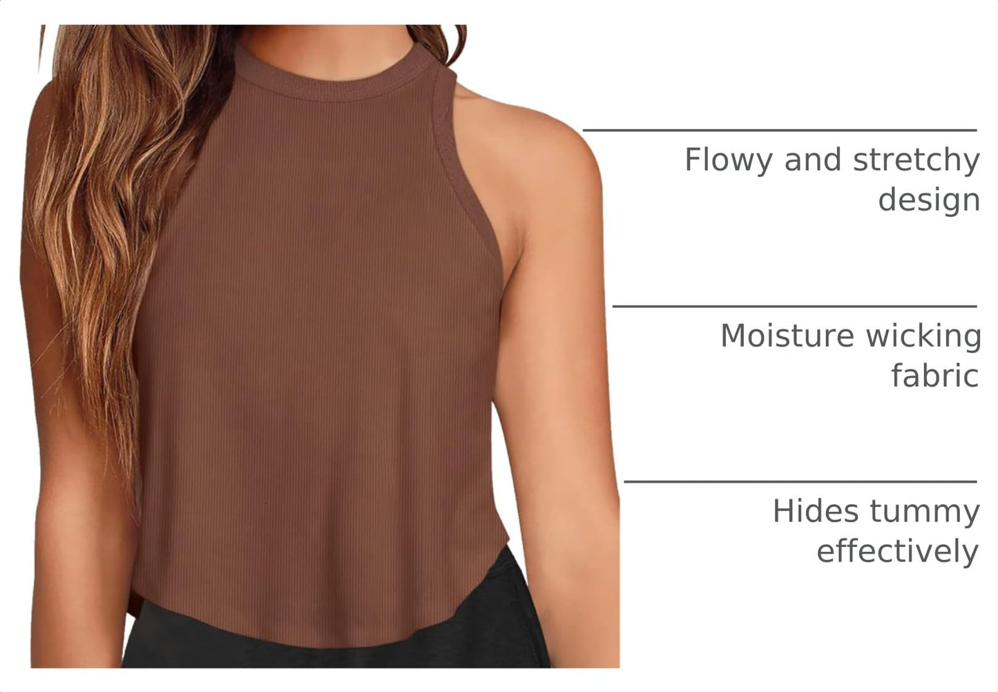 LASLULU Womens Athletic Crop Tops Sleeveless Workout Shirts Sexy Tops Flowy Running Shirts Gym Muscle Tank Casual Tops Racerback Tank Tops(Coffee Small)