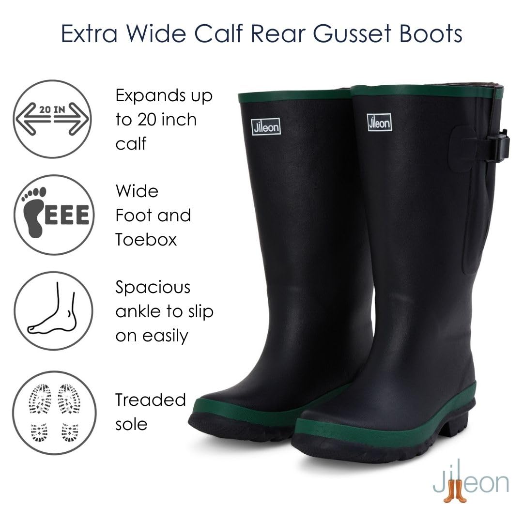 Jileon Extra Wide Calf Womens Rain Boots with Rear Expansion - Fit up to 20" Calves | Designed For Ladies with Wide Feet or Ankles | Durable and 100% Waterproof Boots