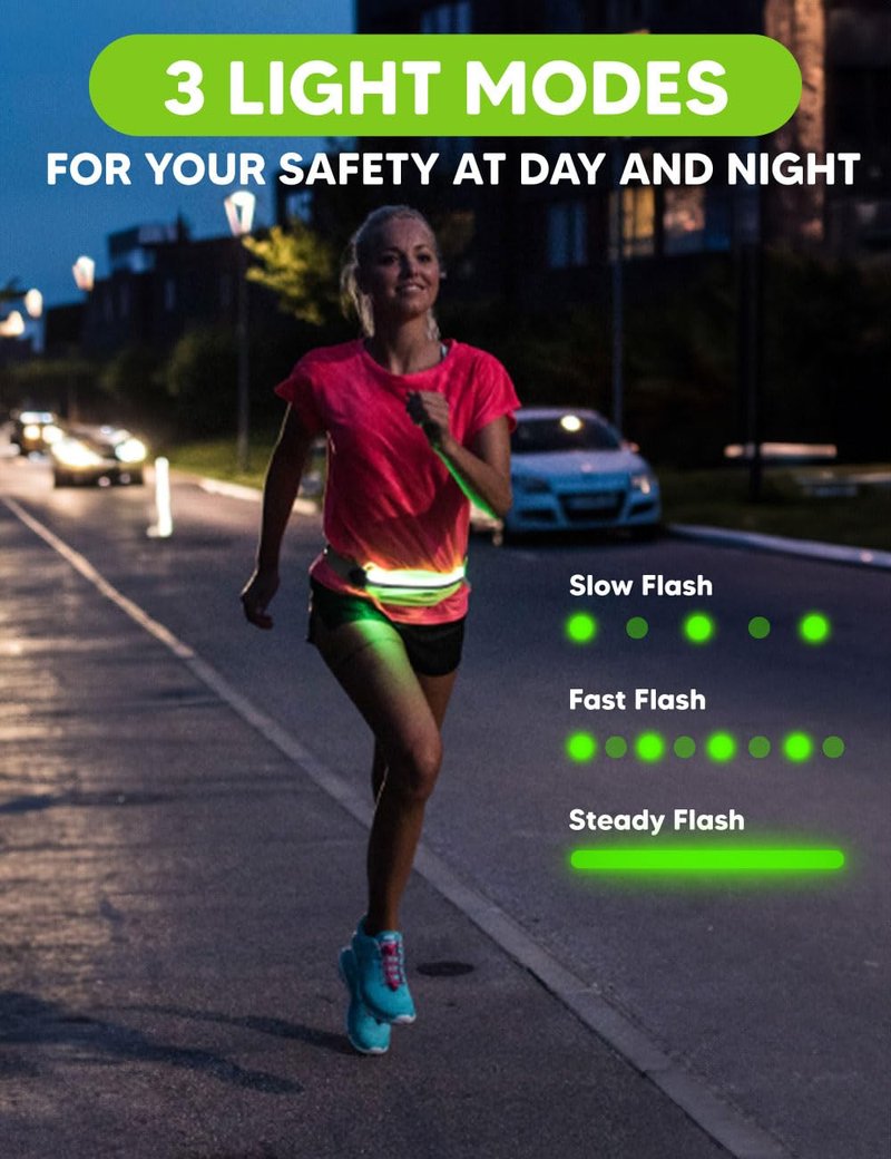 sport2people LED Reflective Running Belt Pouch with USB Rechargeable Light, Reflective Running Gear for Men, Women,Phone Holder for Runners,Visibility Running Safety Lights Belt for Safe Night Running