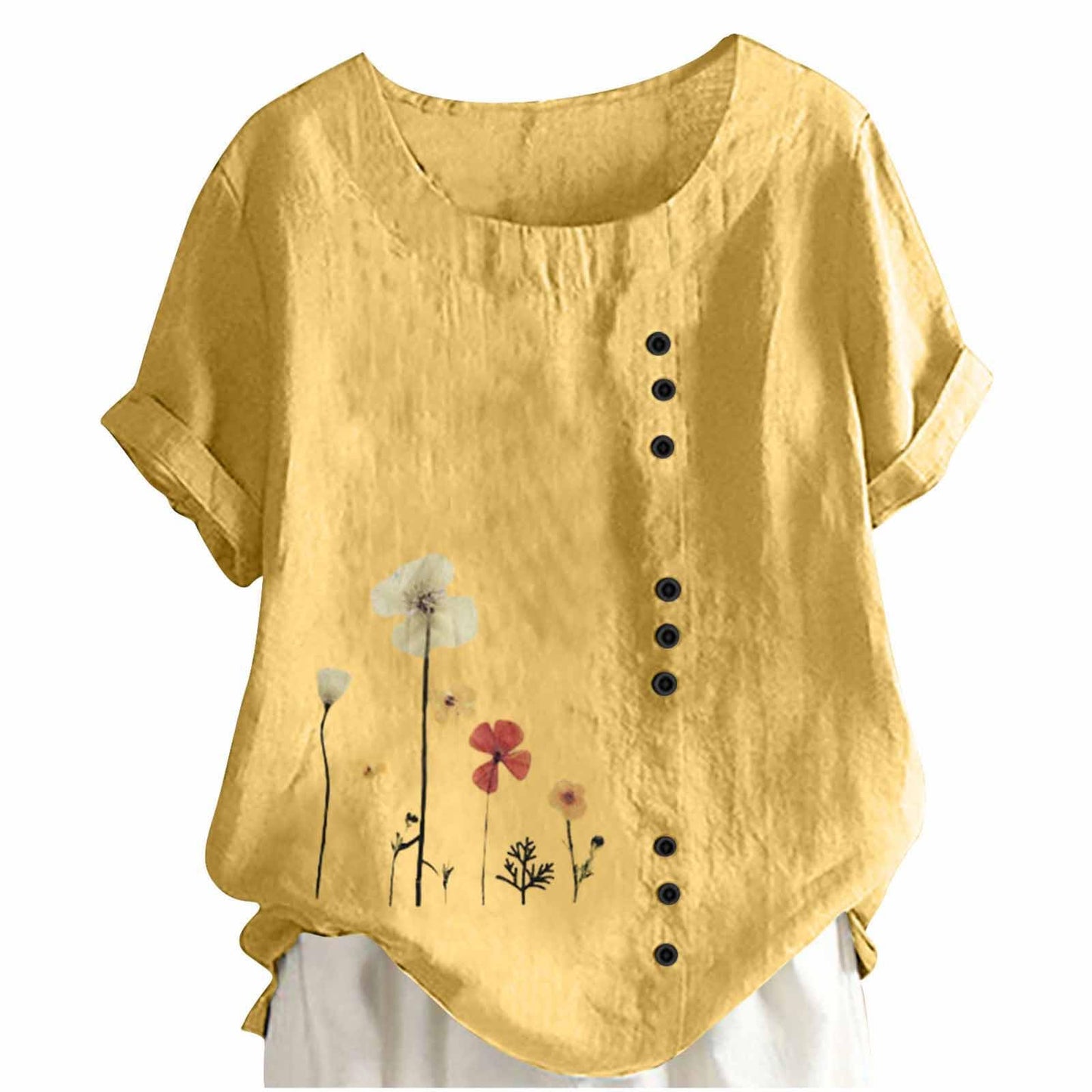 Plus Size Linen Tops for Women 2024 Summer Short Sleeve T-Shirts Button Shirts Boho Floral Print Casual Blouses