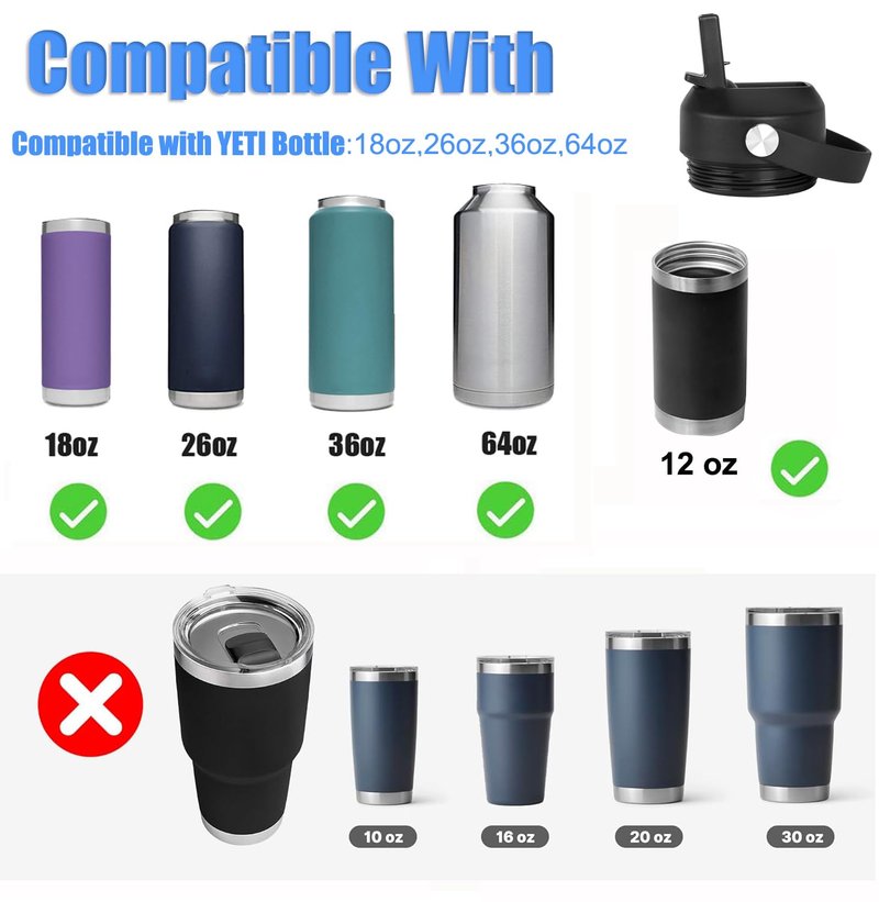 Straw lid for Yeti Rambler Water Bottle 18 26 36 64 oz, Replacement Cap Straw Cap for YETI Rambler Jr 12oz, 18 oz, 26 oz 36 oz 64 oz, Lid with Straw and Brush and Flexible Handle ﻿Black Alpine Yellow