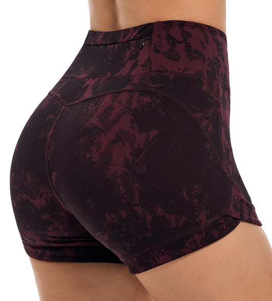 vdbm Women's High Waist Yoga Shorts Tummy Control Fitness Gym Biker Shorts Butt Lifting Athletic Workout Running Shorts Wine Camo XL