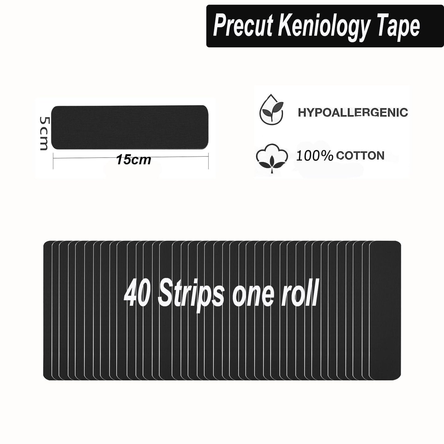 Kinesiology Tape Pro (120 Precut Strips,2 * 6 inch,6 Yard) Waterproof Breathable Athletic Elastic Muscles & Joints Pain Relief Taping for Gym Fitness Running Tennis Swimming Football (Black)