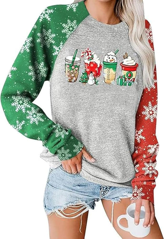 essential cocoon Womens Christmas Latte Coffee Snowman Printing Sweatshirt Funny Ice Cream Graphic Pullover Xmas Holiday Winter Tops(XL,Light Grey-15)