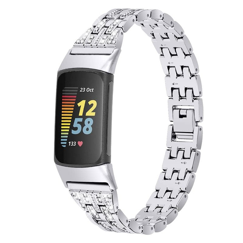 Chic Cute Bling Bands Compatible with Fitbit Charge 6/Charge 5 Fitness & Health Tracker,Rhinestone Dressy Bracelet Stainless Steel Metal Replacement Strap Wristbands Jewelry Strap Women(Silver)