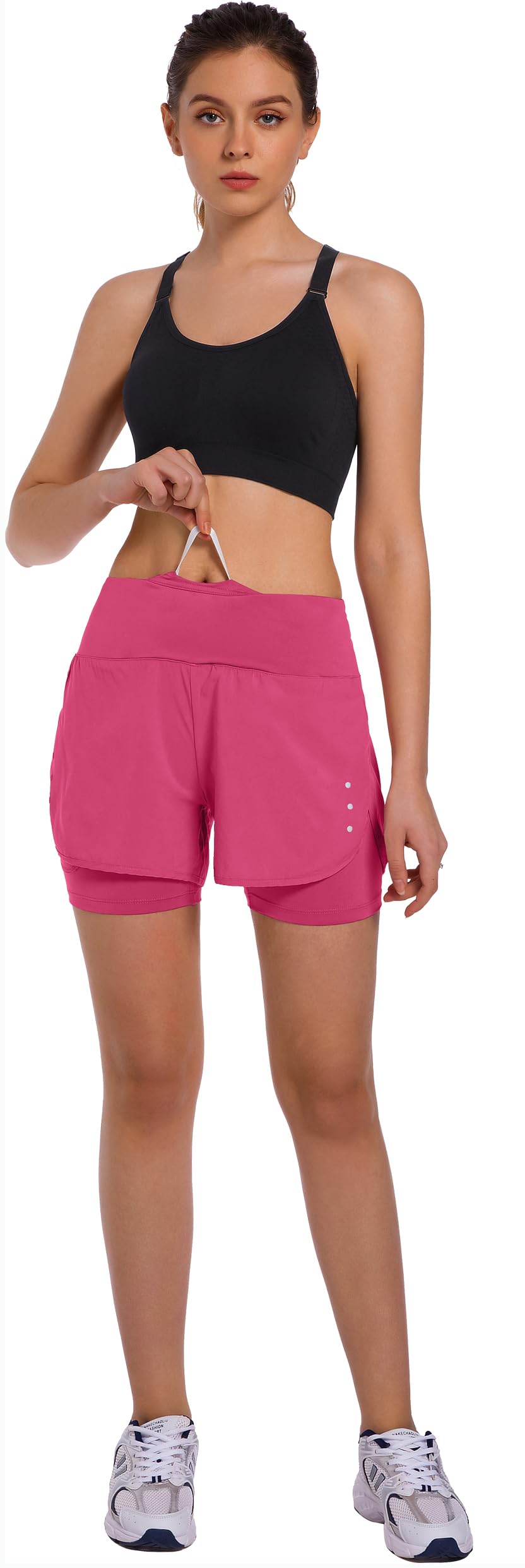 Ksmien Women's 2 in 1 Running Shorts - Lightweight Athletic Workout Gym Yoga Shorts Liner with Phone Pockets Neon Pink