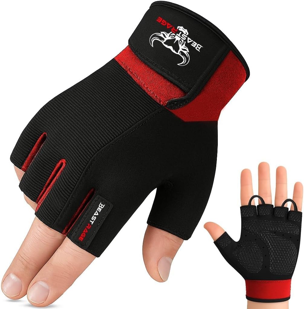 BEAST RAGE Workout Gloves - Durable Half Finger Gym Gloves for Weightlifting & Cycling | Anti-Slip Grip, Unisex