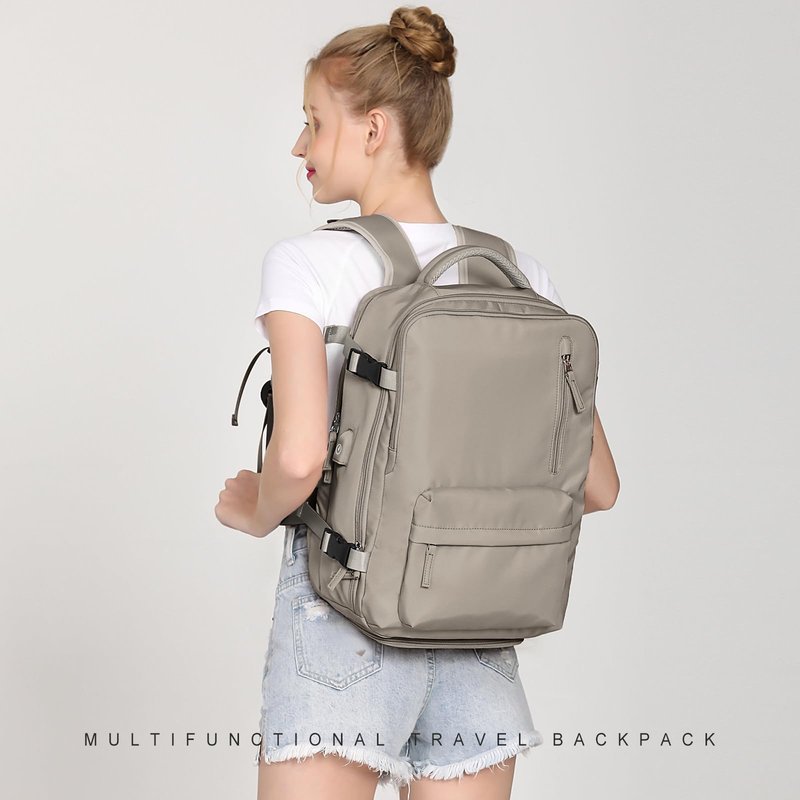 WONHOX Large Travel Backpack Women, Carry On Backpack, Hiking Backpack Waterproof Outdoor Sports Rucksack Casual Daypack with USB Charging Port Shoes Compartment, Grey Brown