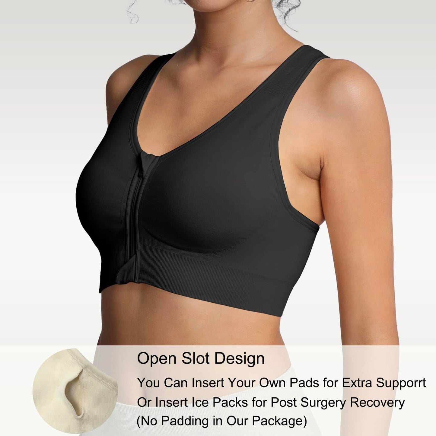 Lemef Front Zipper Sports Bras for Women Wirefree Post Surgery Bra Front Closure Racerback Compression Mastectomy Bras Black L