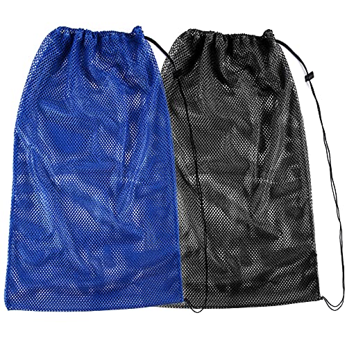 2 Packs Mesh Gear Bag for Snorkel Equipment, Oversized 18" x 27" Mesh Dive Bag Scuba Diving Bag Snorkel Bag Backpack for Snorkeling Gear, Fins, Swimming Gear, Beach and Sports Equipment (Black & Blue)