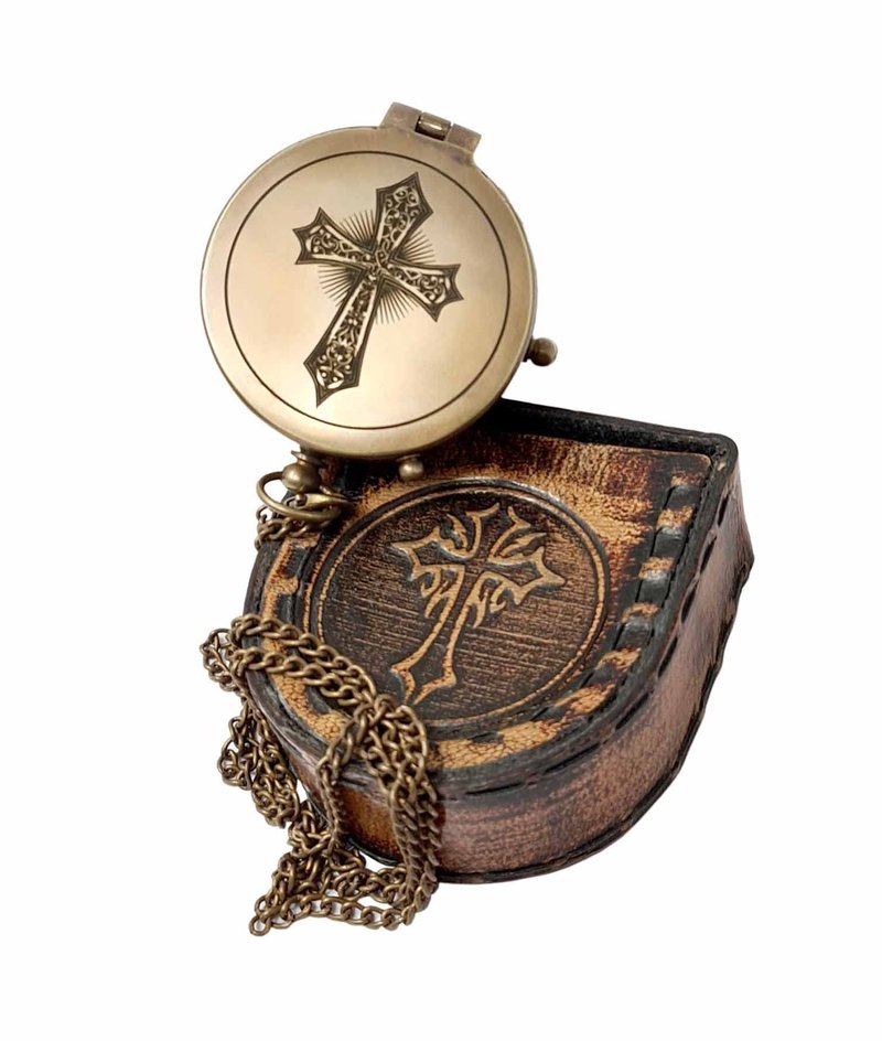 Brass Nautical - Engraved Brass Compass with Leather Case, Religious Scripture, Removable Chain - Confirmation, Graduation, Baptism Gift | Antique Décor Accent