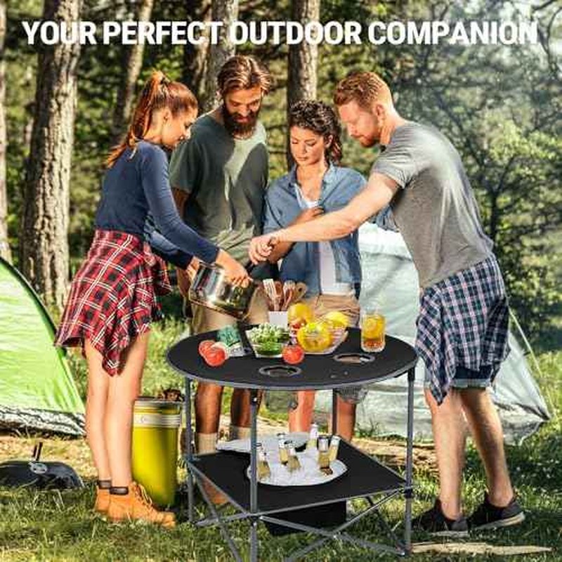 Portable Lightweight Folding Camping Table with Cooler and 4 Large Cup Holders Collapsible Picnic Camp Table Foldable Outdoor Table with Carry Bag for BBQ Tailgating Beach RV Travel Hiking