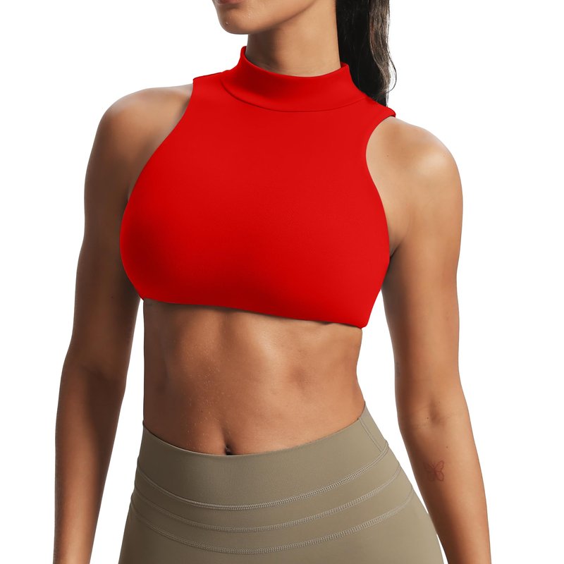 Aoxjox Women's Kim Cutout High Neck Tank Workout Sports Bras Fitness Training Gym Bra Yoga Crop (Racing Red, Medium)