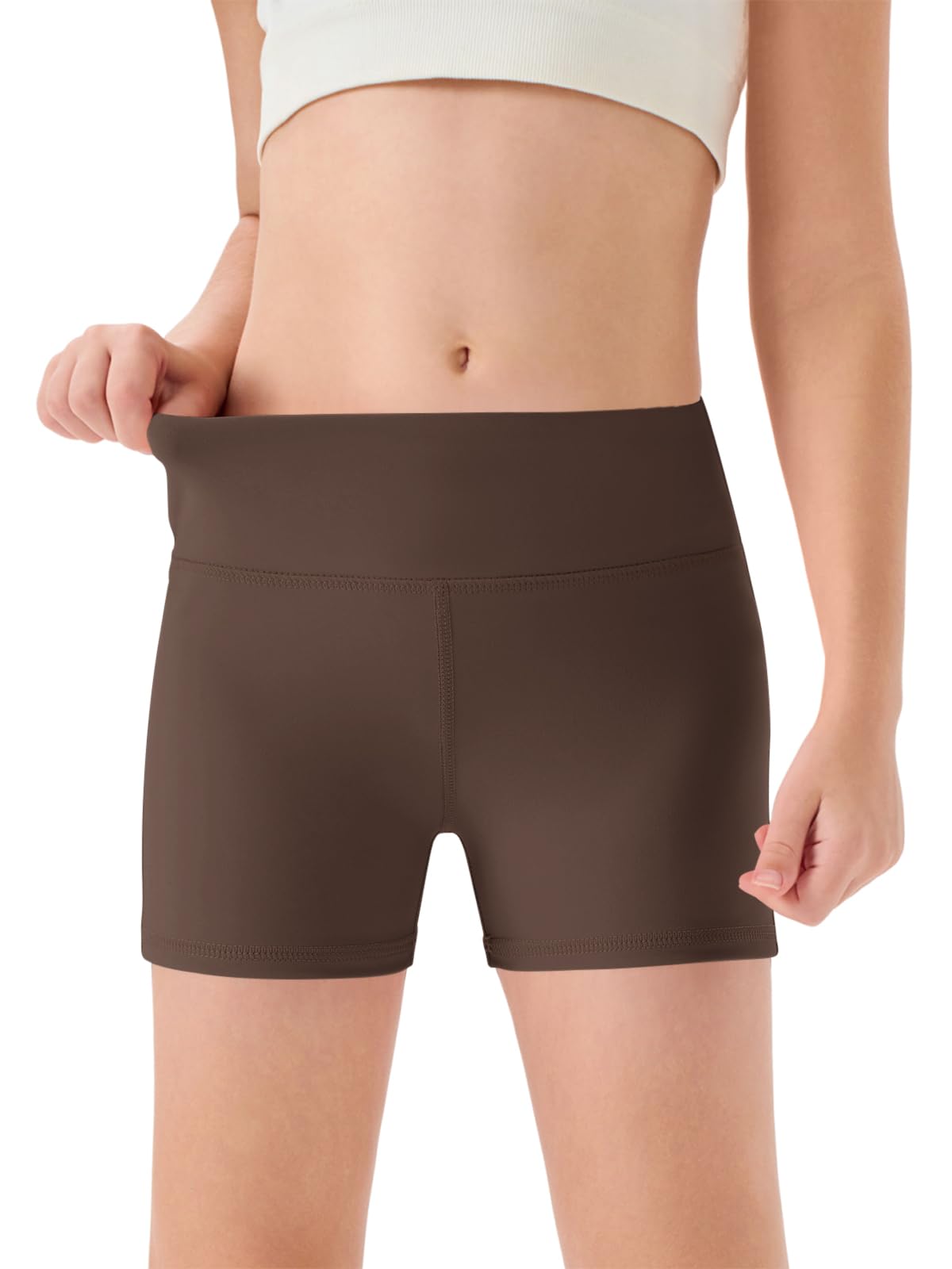 Haloumoning Girls Athletic Shorts Kids High Waisted Yoga Dance Biker Shorts Comfy Gymnastics Shorts 5-14Y Coffee