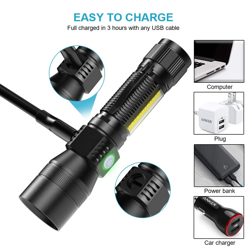 UV Flashlight Blacklight, USB Rechargeable Flashlights Magnetic Flashlight with ‎SideLight, 1000LM Flashlight Black Light, COB Work Light, Zoomable, Waterproof Worklight, Pet Urine