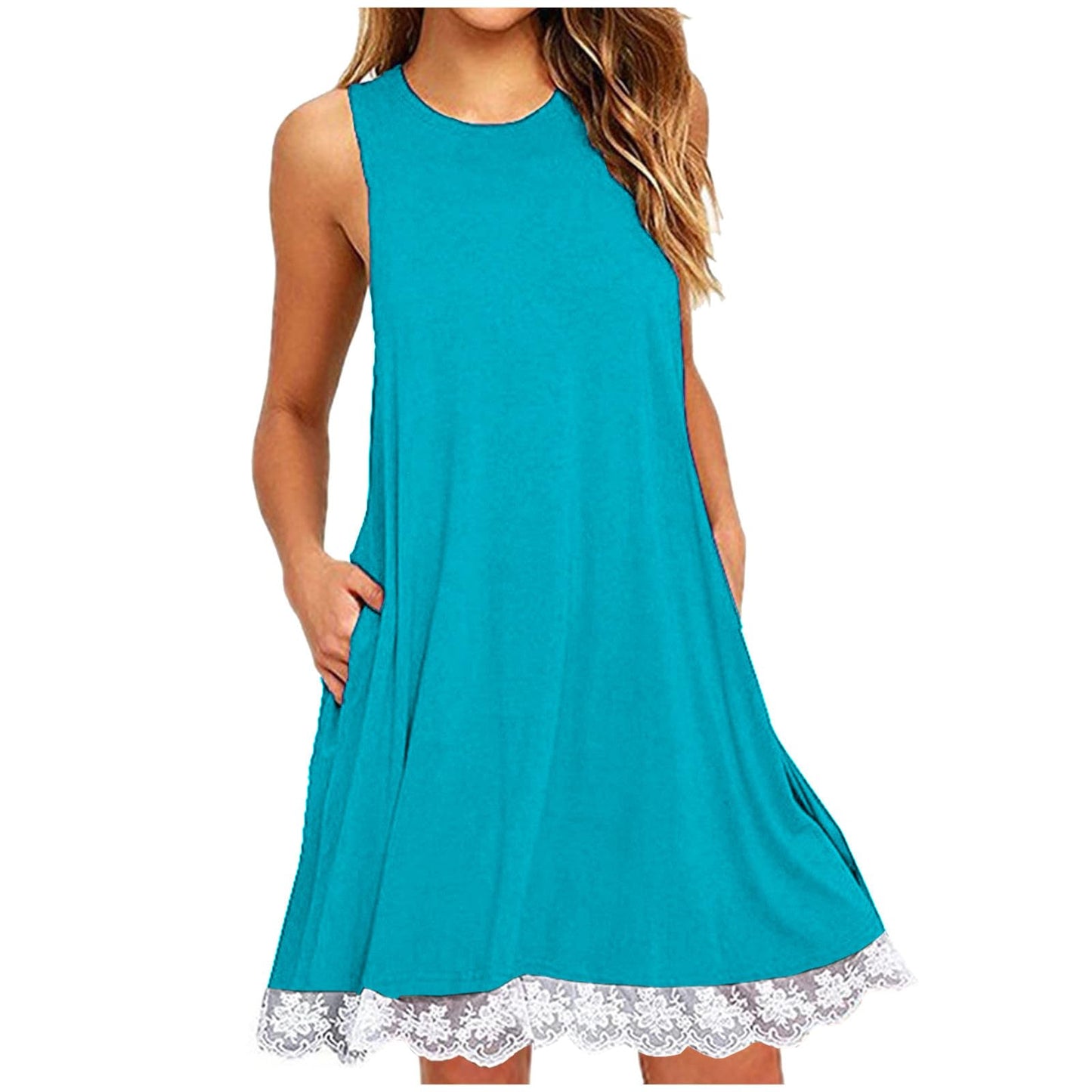 Borniu Summer Dresses for Women 2024 Casual Beach Sleeveless Tank Dress Crewneck Swing T Shirt Dresses Pockets Loose Sundress