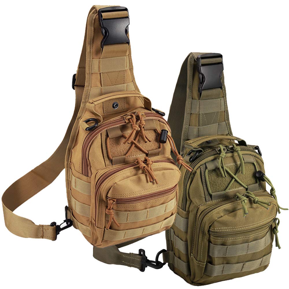 Tactical Shoulder Bag,1000D Outdoor Military Molle Sling Backpack Sport Chest Pack Daypack Bags for Camping, Hiking, Trekking, Rover Sling (2 Pack Tan and Green)