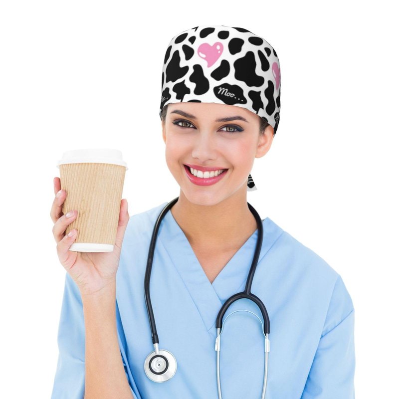Black and White Cow Print Love Heart Cute Pink Working Cap Scrub Cap with Sweatband Adjustable Unisex Women Tie Back Hat Nurse Surgical Caps