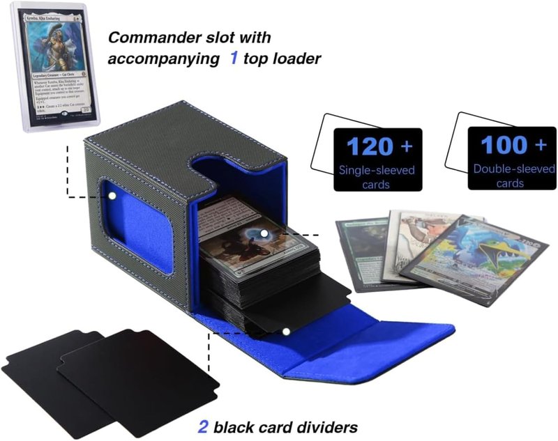 MTG Deck Box for Commander | Holds 100 Double Sleeved Cards - Black/Blue with Dividers & Toploader