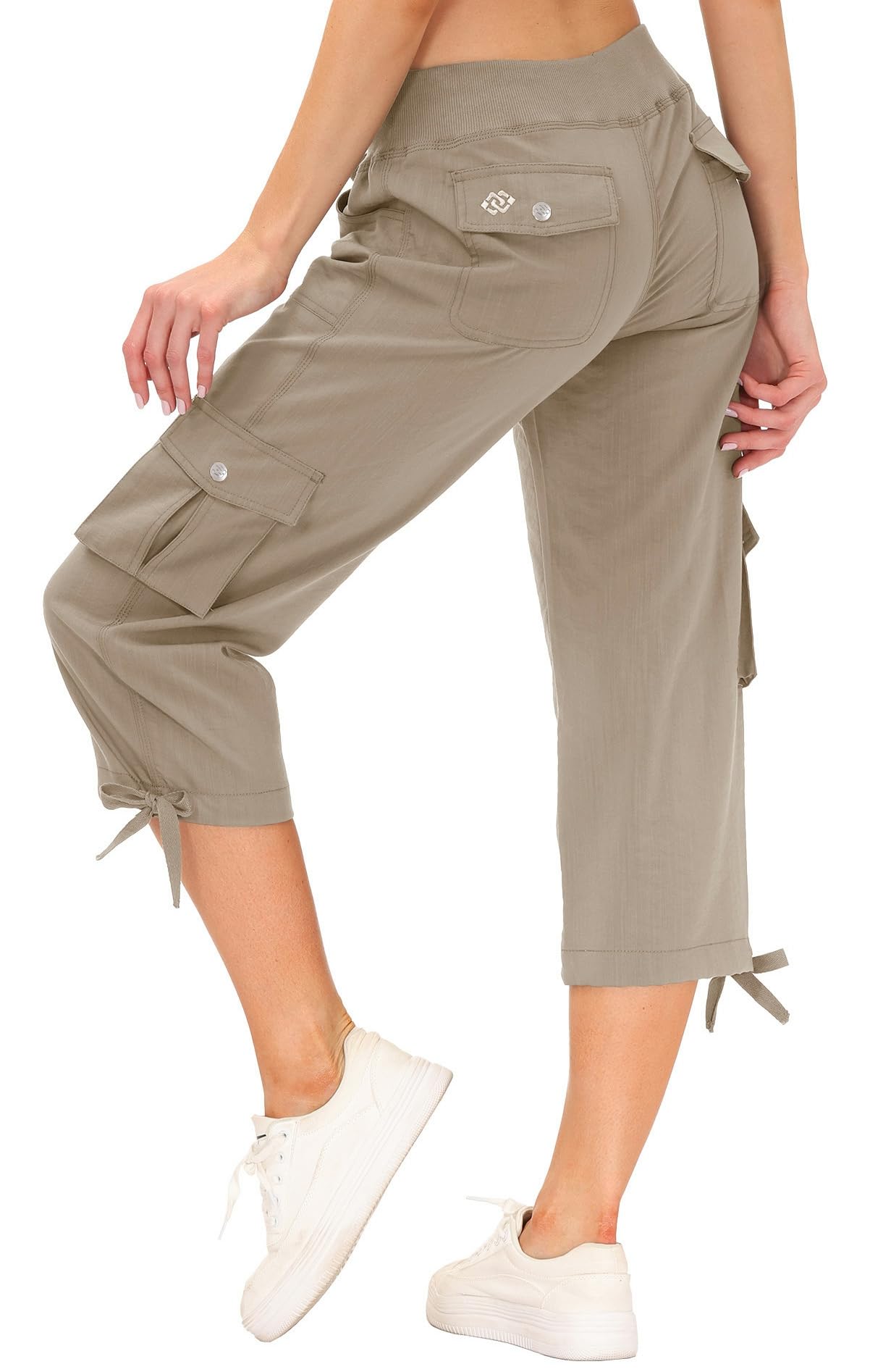 MoFiz Womens Capris with Pockets Loose Fit Casual Capri Pants Dressy Lightweight Ladies Baggy Cargo Pants for Hiking Khaki 4XL