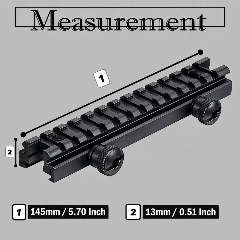 360 Tactical Low-Profile Full Size Riser Mount, 0.5" High 13 Slots Riser Mount 0.5 inch High for Scopes and Optics Three T Trading