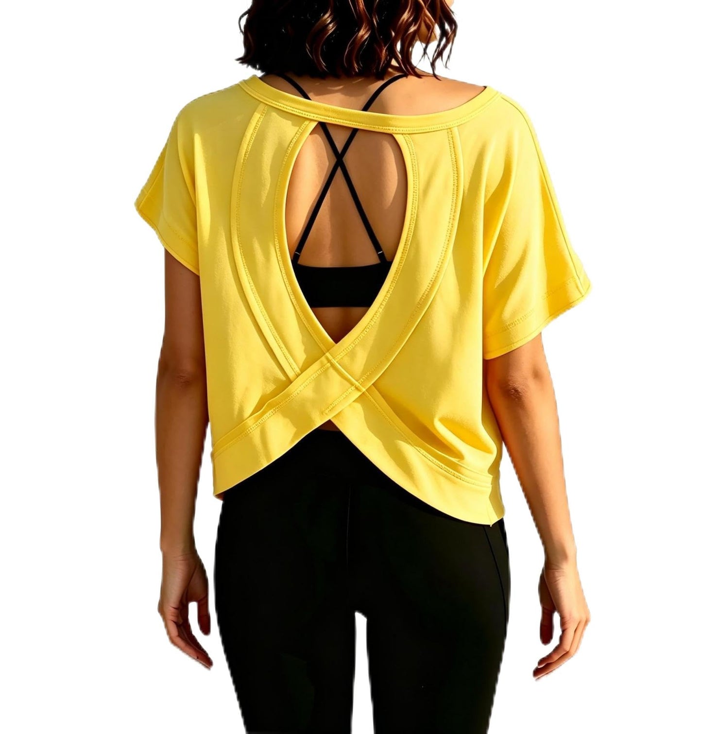 Summer Loose Workout Tops Streetwear Boxy Cropped Tees for Women Yoga Ladies Casual Short Sleeve Soft Oversized Hiking Sports Running T Shirts Trendy Golf Comfort Open Back Cotton Tops Yellow L