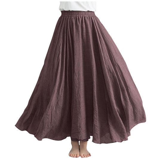 Womens Linen Maxi Skirts Summer Boho Solid Beach Elastic High Waist Pleated A-Line Flowy Swing Long Maxi Skirts Brown