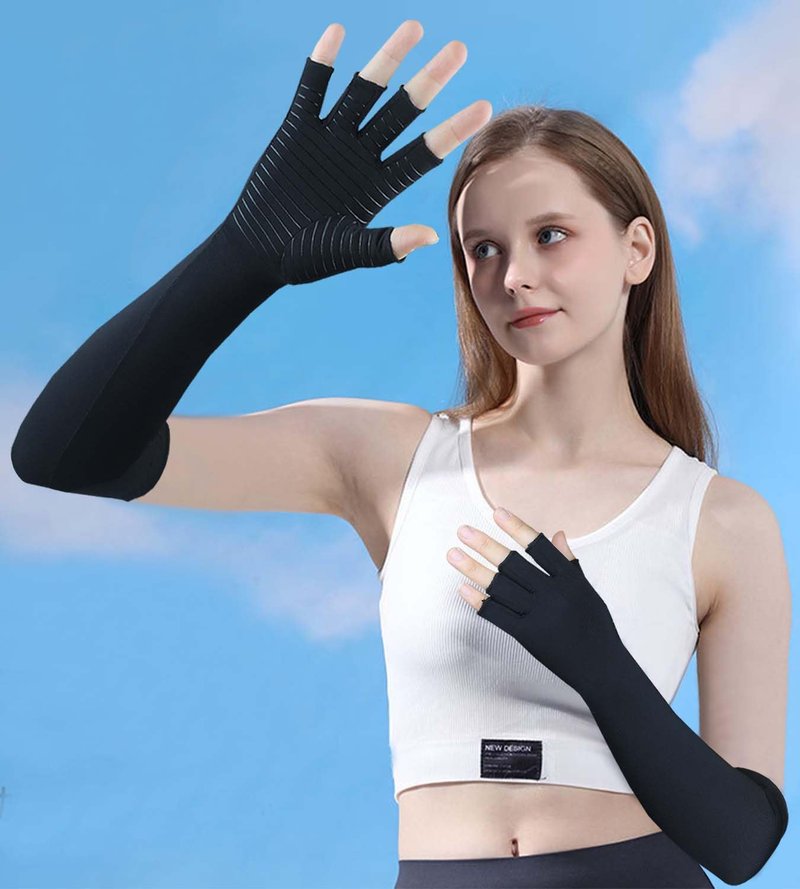 Copper Long Arthritis Gloves,Long Wrist Compression Arm Sleeve Carpal Tunnel Gloves, Fingerless Hand Compression Gloves for Men Women Computer Typing, RSI, Support Hands Wrist &Arms - 1 PAIR (Medium)