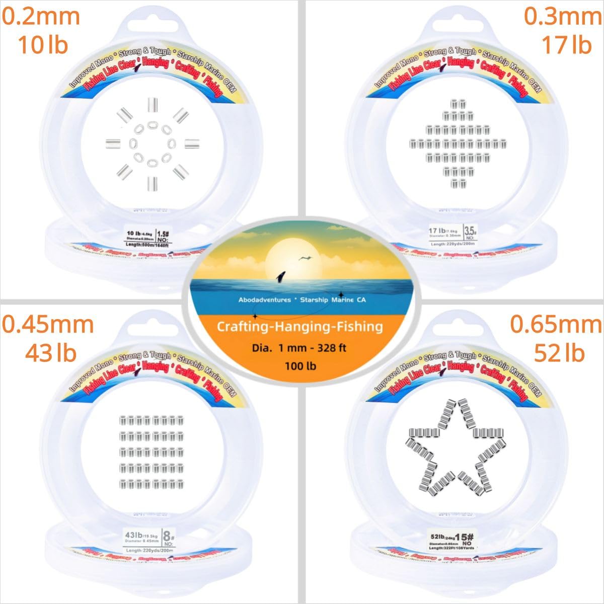 Aboda Heavy Duty Fishing Line Wire 0.8mm 656 ft, Strong Clear String for Hanging Decorations, Invisible Fishing Line for Crafts, Thick Transparent Hanging Wire for Pictures with 100 Crimp Sleeves