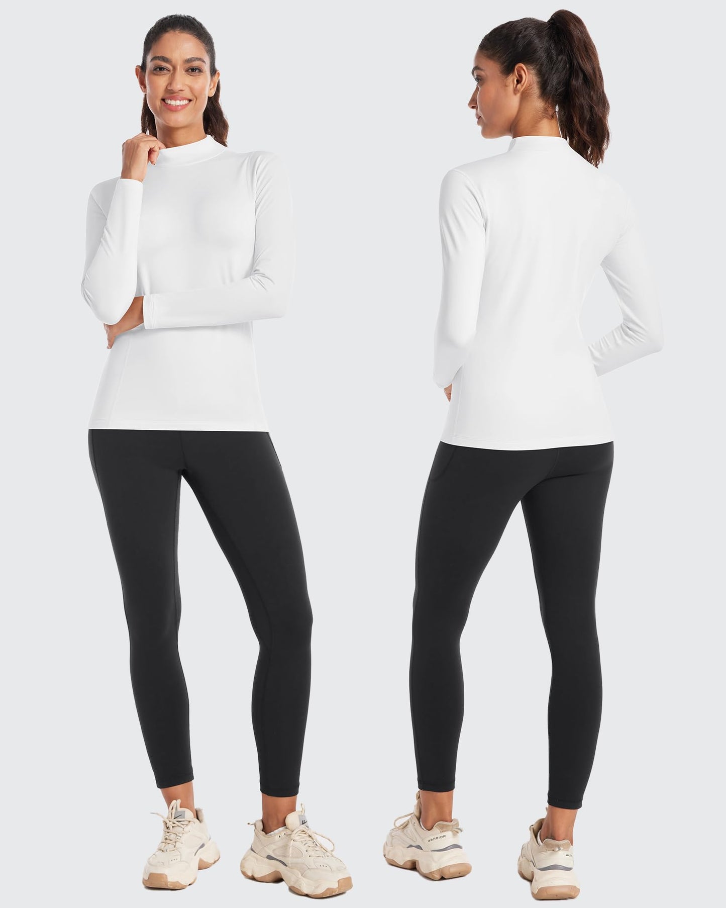 Runhit Women's Thermal Fleece Compression Shirt Mock Neck Long Sleeve Athletic Base Layer Tops Running Workout Football Golf Cold Weather Gear Black+White XS