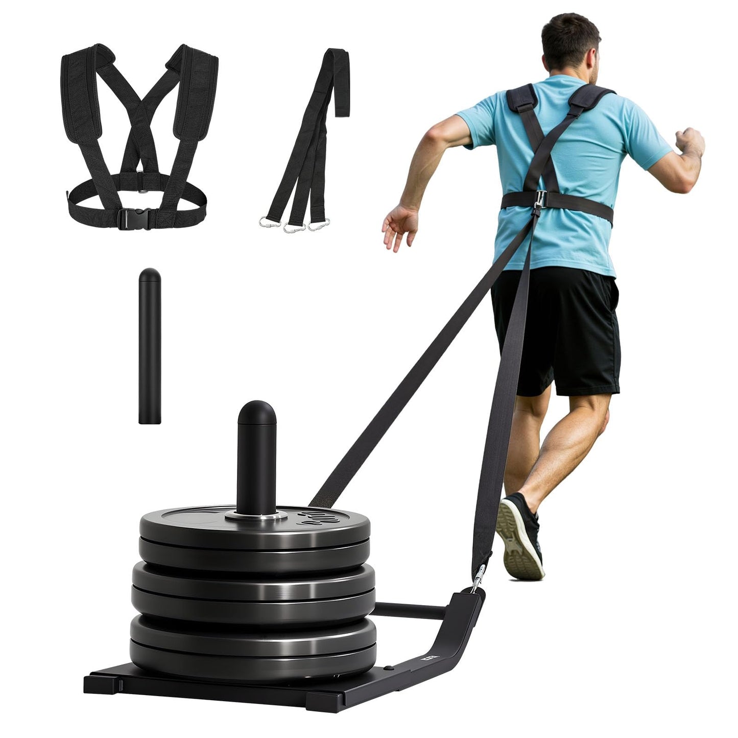 VEVOR Weight Sled, Steel Power Sled, Fitness Strength Training Pull Push Running Sled, Fitness Workout Sled Push Gym Equipment, Steel Power Sled with Harness, Compatible 1/2 in Weight Plates, Black