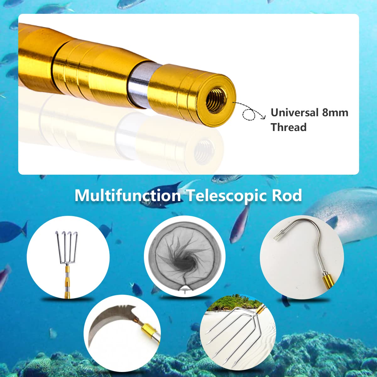 Dutiplus Telescopic Fish Gaff with 2 Teeth Assorted Harpoons Barbed, Sea and Ice Fishing Spear Gig for Hunting Fish Frog Mole - 5ft Long (2 Teeth+4.5ft Telescopic Rod)