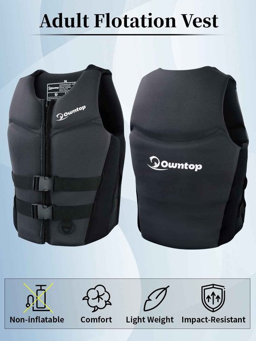 Owntop Adult Buoyancy Swim Vest - Lightweight Floating Swimwear for 130-210lbs Men Women Swim Jacket Easily Adjustable Full Mobility for Jet Ski Water Skiing Water Scooter Towable Tube, Black L
