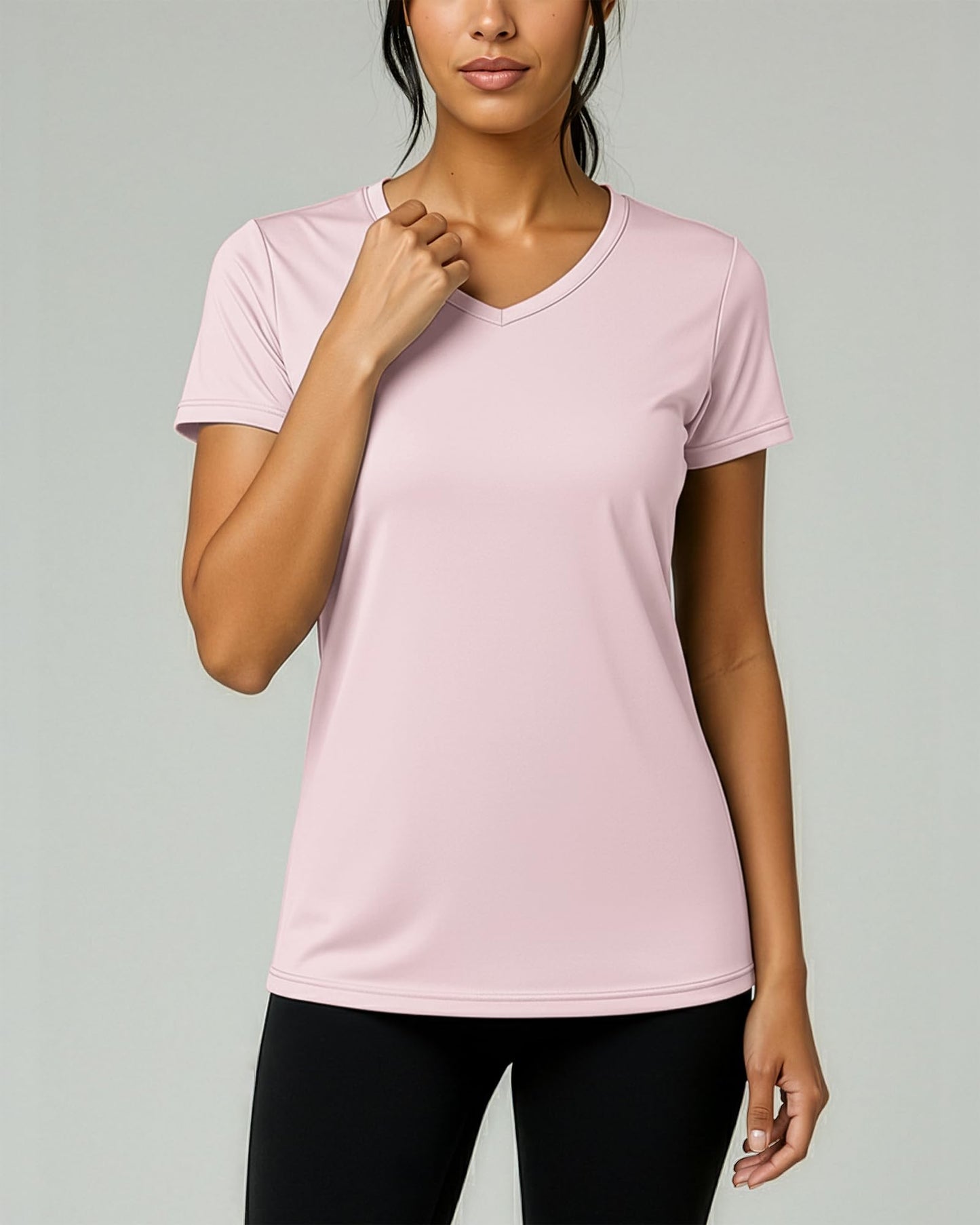 Real Essentials 5 Pack: Women's Dry-Fit Short Sleeve V Neck T Shirt Workout Fitness Yoga Top Tee, Set 6, S