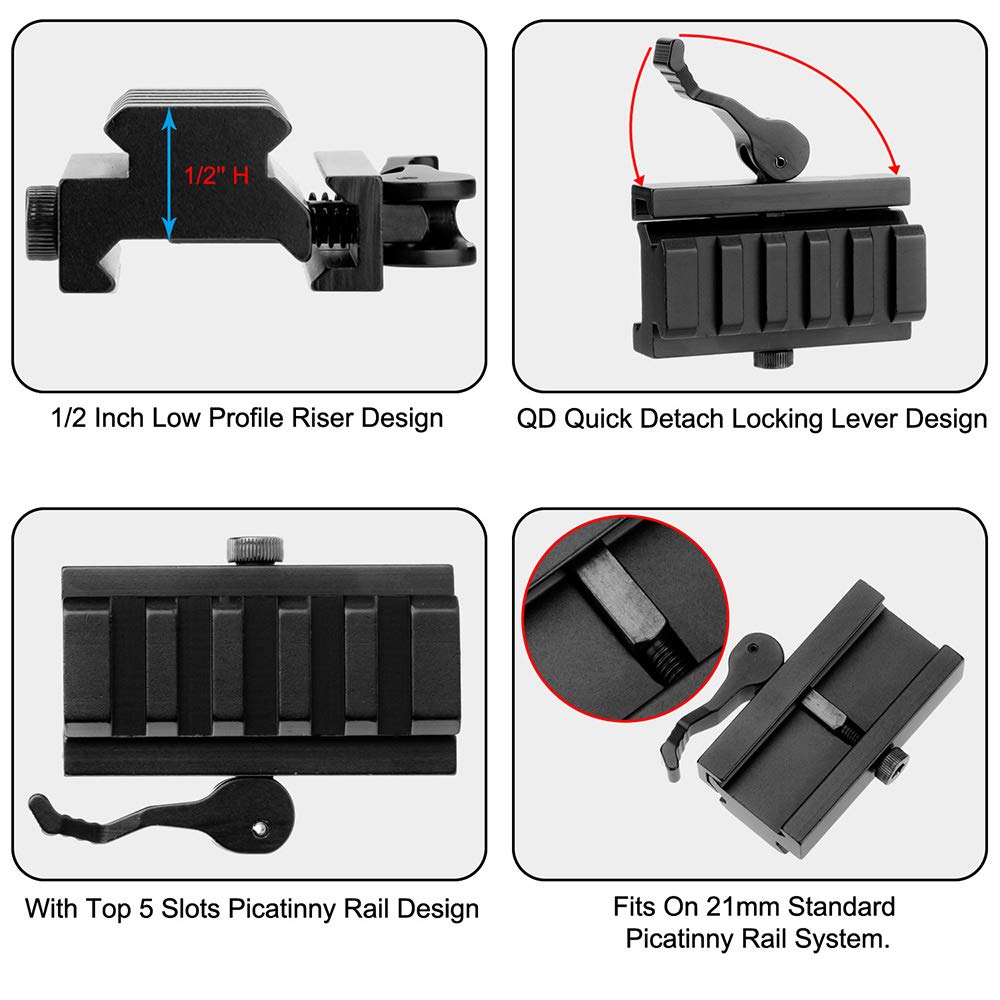 LONSEL Picatinny Riser Mount, Low Profile Rail Riser Mounts Adaptor with QD Lever Lock Quick Release & 5 Slots Picatinny Rails for Scope Rings Optics Sights, 1/2" H x 2.5''L (2 Pack)