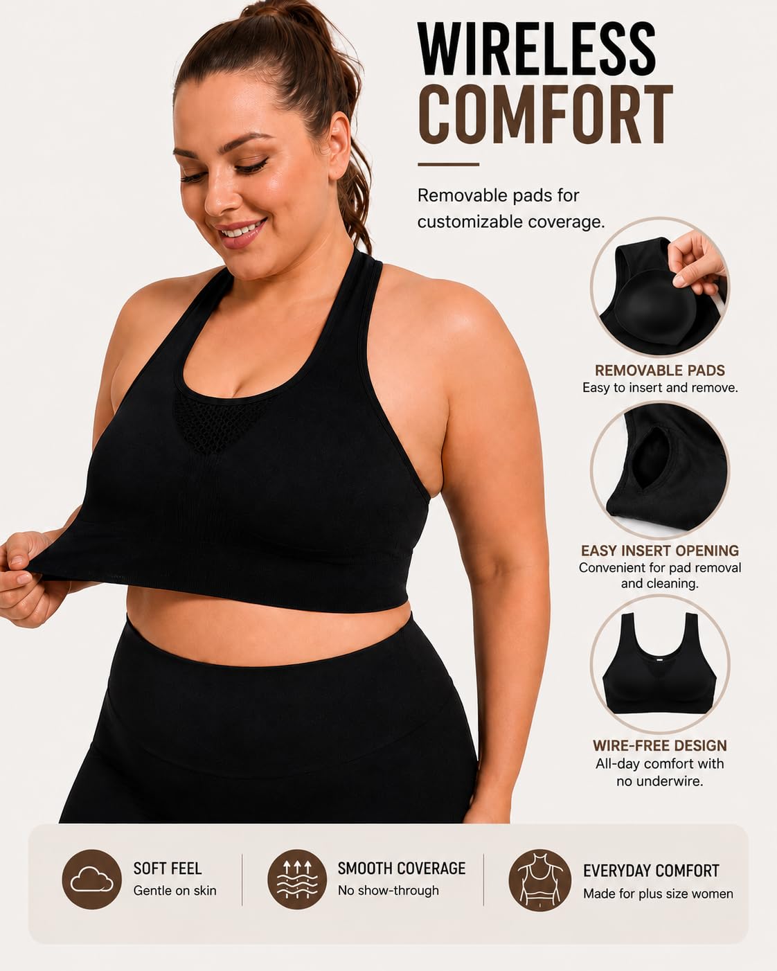 FANCMISTERY Plus Size Sports Bra for Women Racerback Wireless Padded Bra with Ventilated Mesh and Anti-Slip Design for Yoga,Cycling,Jogging and Workout (US, Alpha, 3X-Large, Plus, Regular, Black)