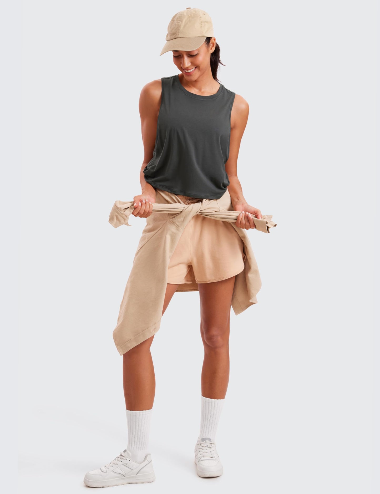 CRZ YOGA Pima Cotton Large Armhole Tank Tops for Women - Workout Sport Athletic Yoga Running Gym Loose Crop Sleeveless Shirts Grey Olive Medium