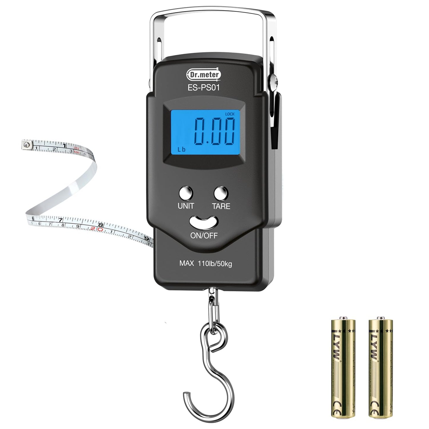 Dr.meter Fish Scale Luggage Scale Fishing Gear - 110lb/50kg Backlit LCD Display Digital Scale with Built-in Measuring Tape - Fishing Scale with 2 AAA Batteries, Pocket Size - Fishing Gifts for Men