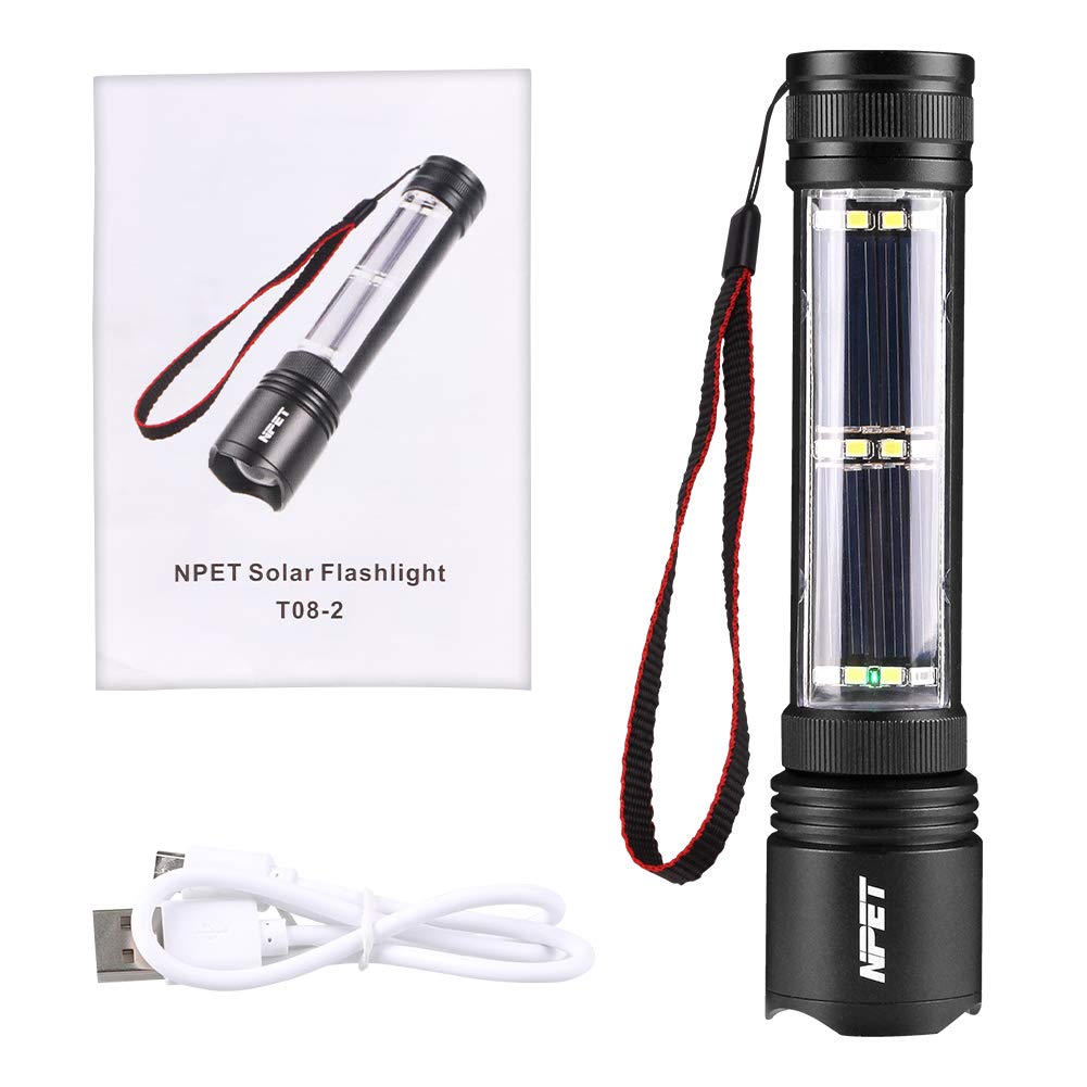 NPET T08-2 Solar Power Flashlight Car Flashlight USB Rechargeable Tactical Multi-Function Torch Emergency Tool