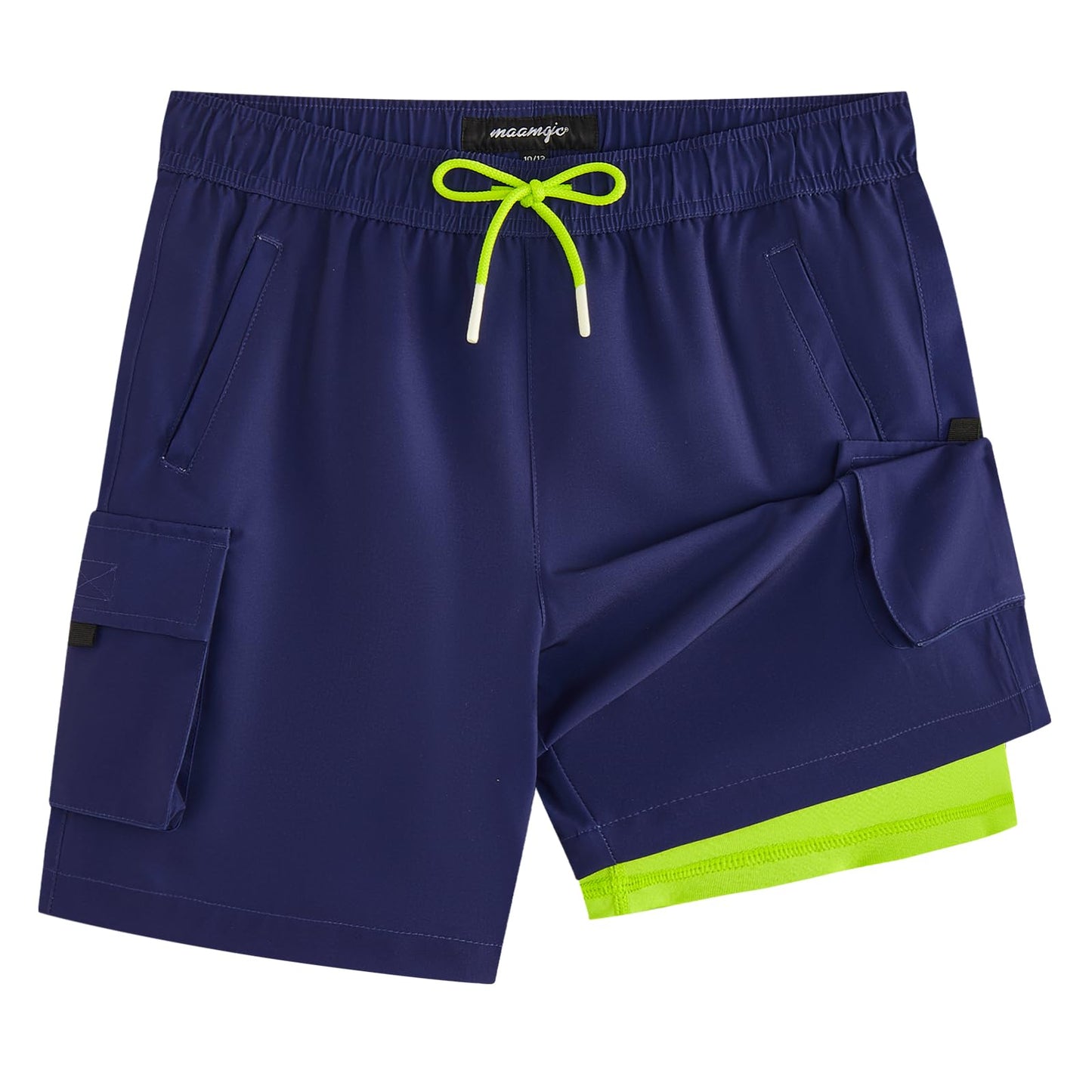 maamgic Boys Swim Trunks with Compression Liner Recycled Cargo Swim Shorts Stretch Teen Boy Bathing Suit with Pockets Dark Blue 10/12