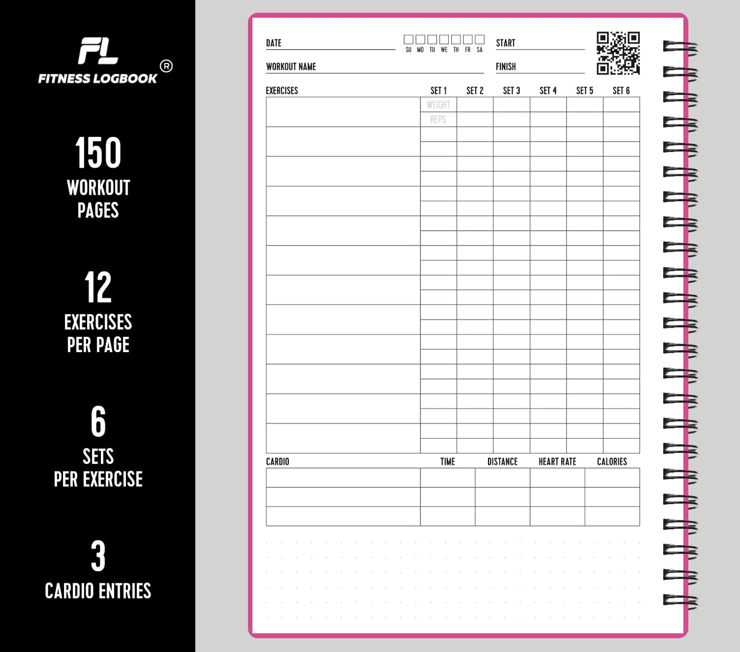 Fitness Logbook (Pink) - A5 Undated Workout Journal For Men & Women - Plastic Cover & Thick Paper - Planner Log Book To Track Weight Loss, Muscle Gain, Gym Exercise, Bodybuilding Progress