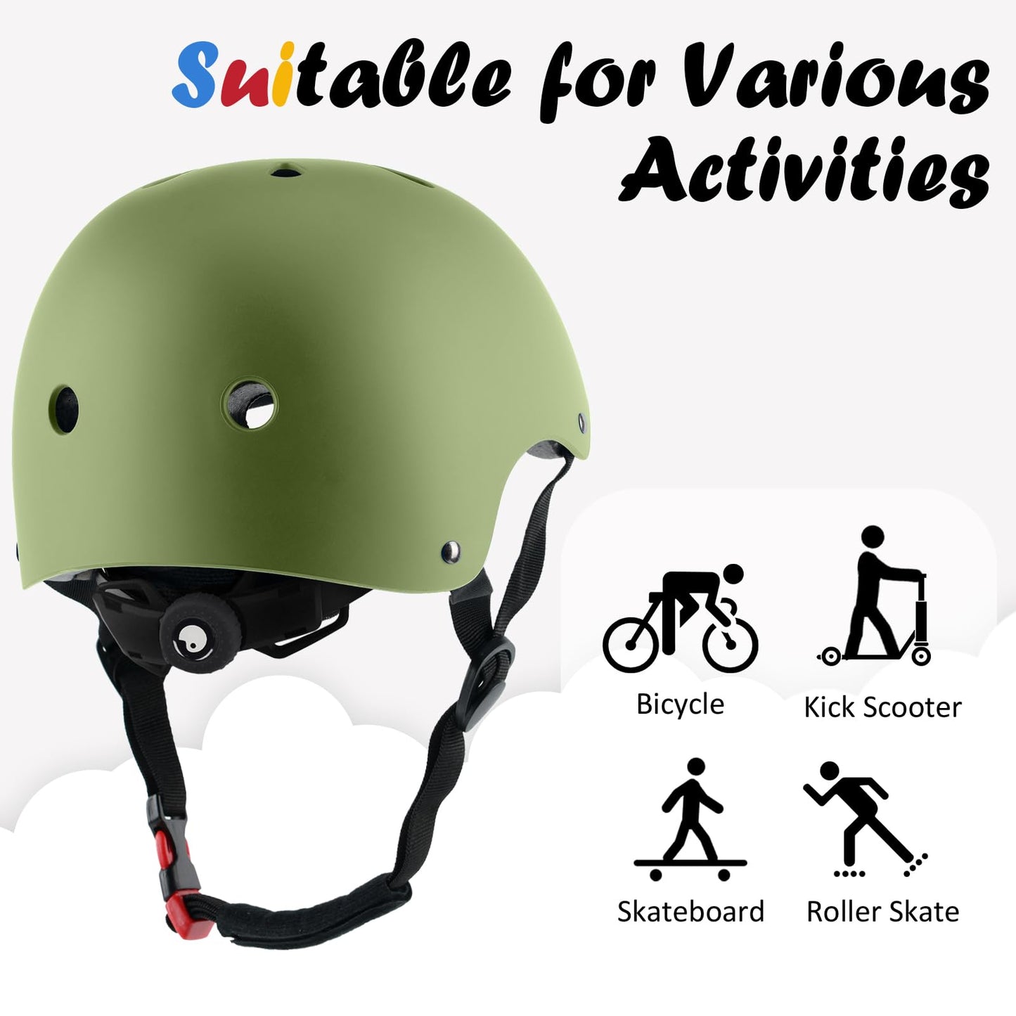 Kids Bike Helmet, 3 Sizes from Toddler to Youth, Olive, Medium