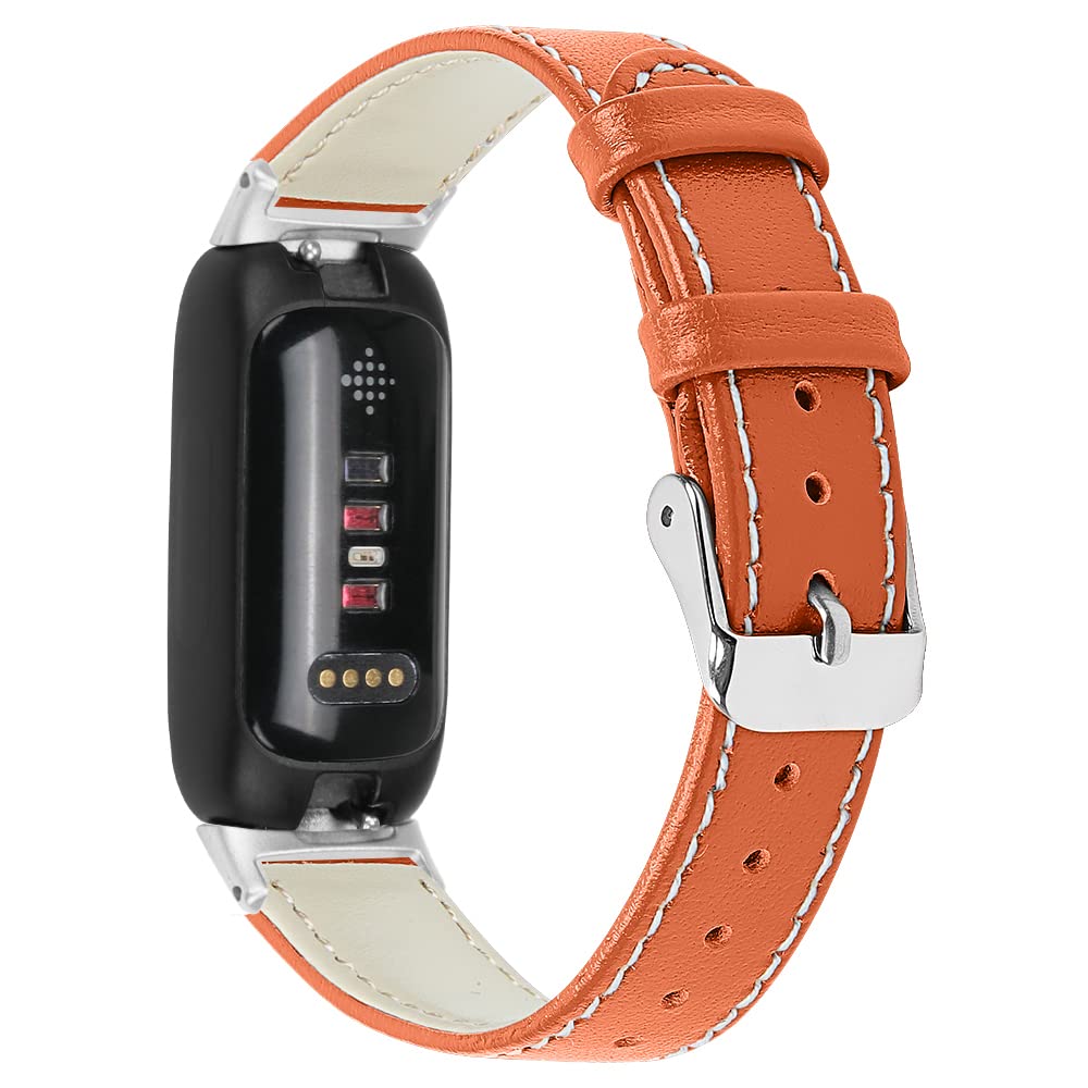 Juaupepo Leather Band Compatible with Fit bit Inspire 3, Women Men Soft Leather Bands Quick Release Wristband Adjustable Strap for Inspire 3 Fitness Tracker (Orange)