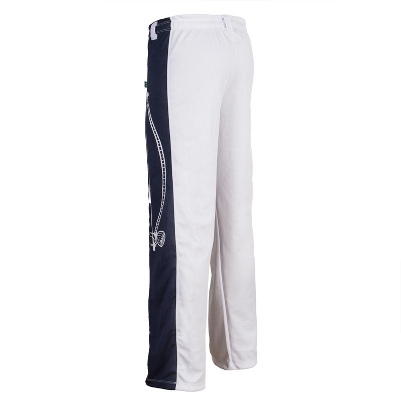 JL Sport Authentic Brazilian Capoeira Martial Arts Pants Training Abadas - Unisex (White with Berimbau Along Leg)