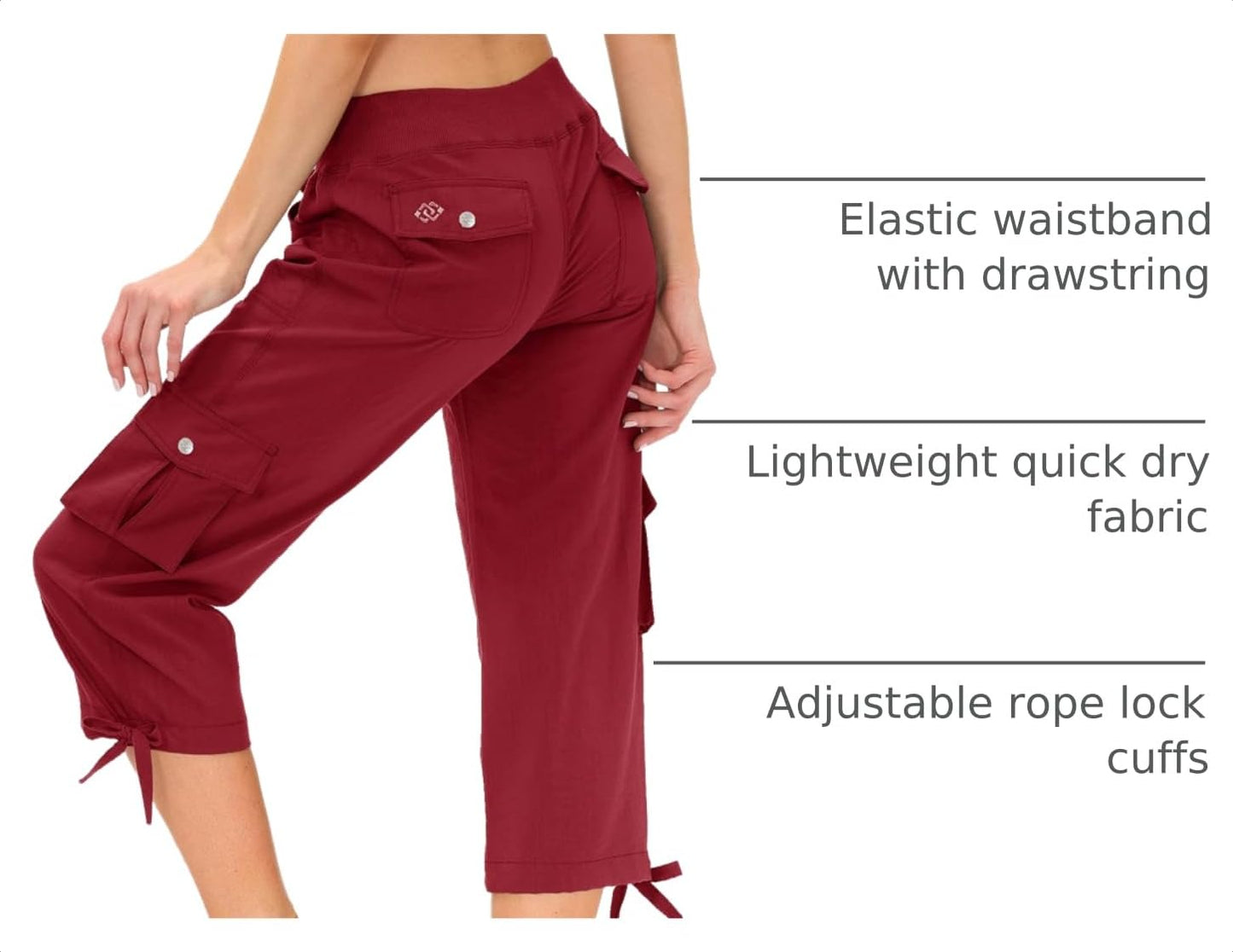 MoFiz Womens Capris Summer Cargo Shorts Lightweight Quick Dry Athletic Casual Travel Loose Ladies Outdoor Hiking Pants Pockets Wine Red 3XL