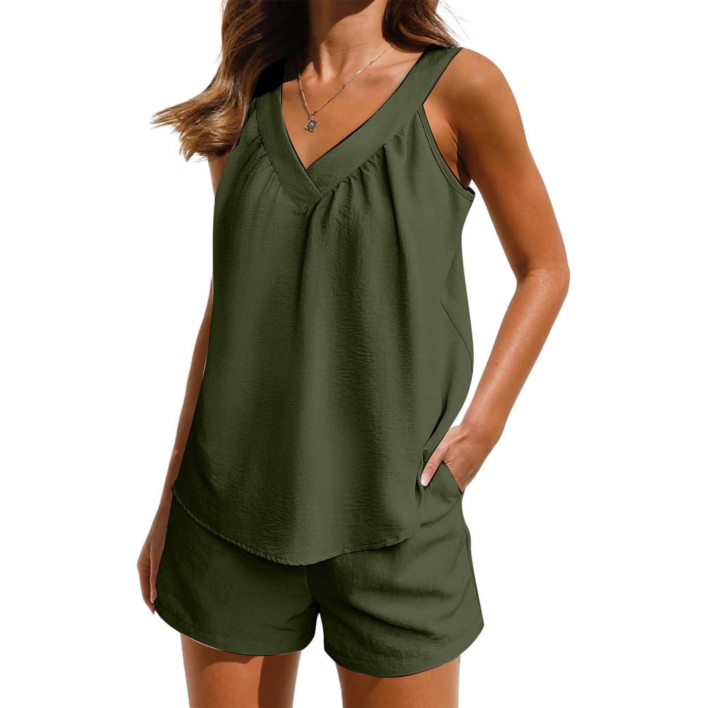 YAFINMO Deals of The Day Lounge Sets for Women 2 Piece Pajama Outfits V Neck Tank Top and Shorts with Pockets Sleepwear Vacation Set My Orders Army Green