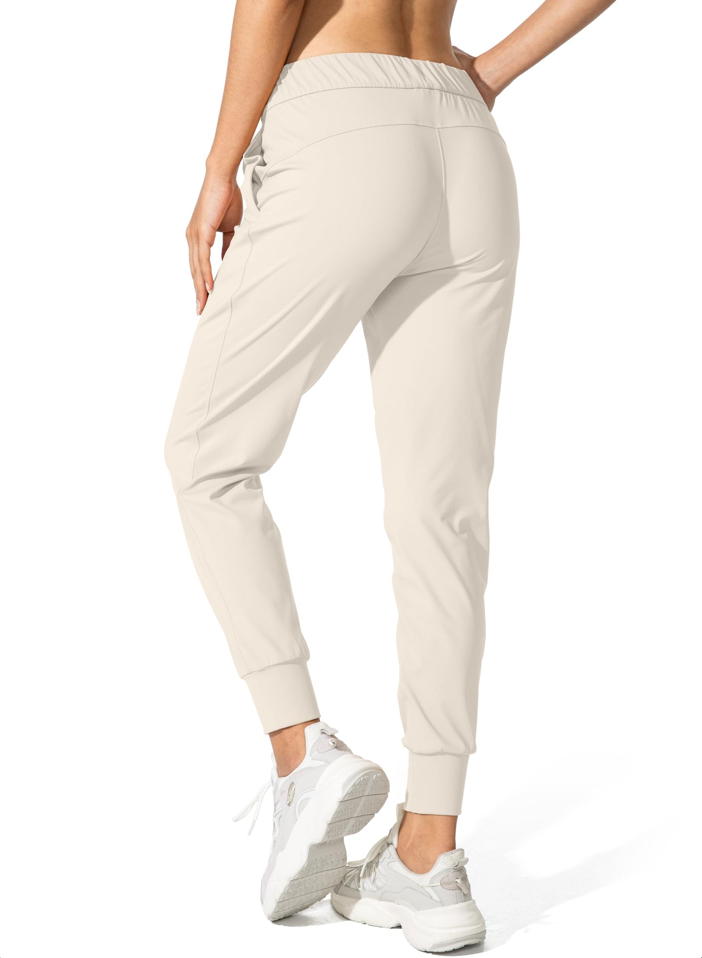 SANTINY Joggers for Women Lightweight Running Drawstring Sweatpants Workout Travel Yoga Athletic Womens Lounge Pants with Pockets(Beige_L)
