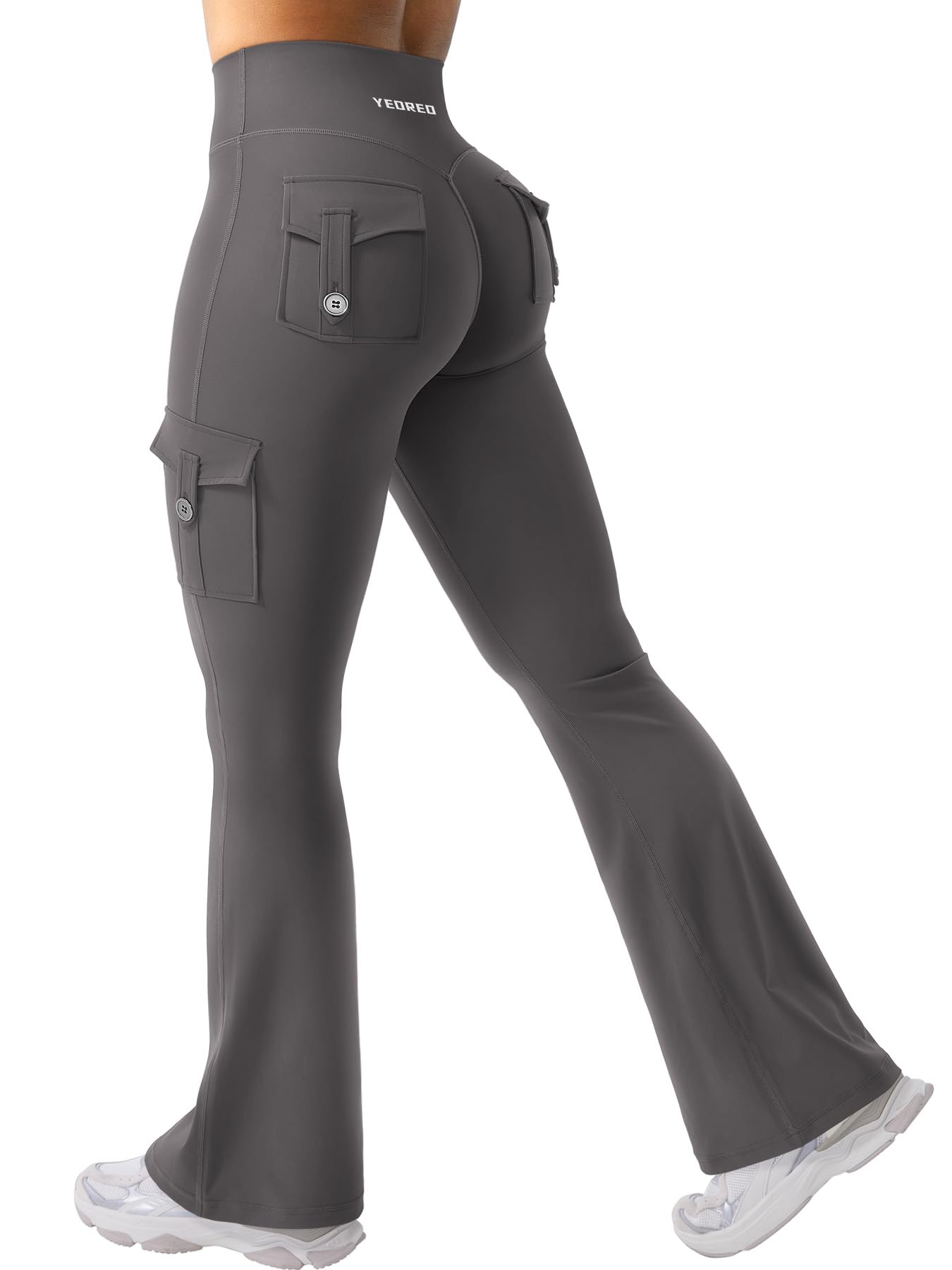 YEOREO CoreFlex Women Workout Flare Leggings with Pockets Hidden Scrunch High Waisted Cargo Gym Yoga No Front Seam Leggings Dark Grey XS