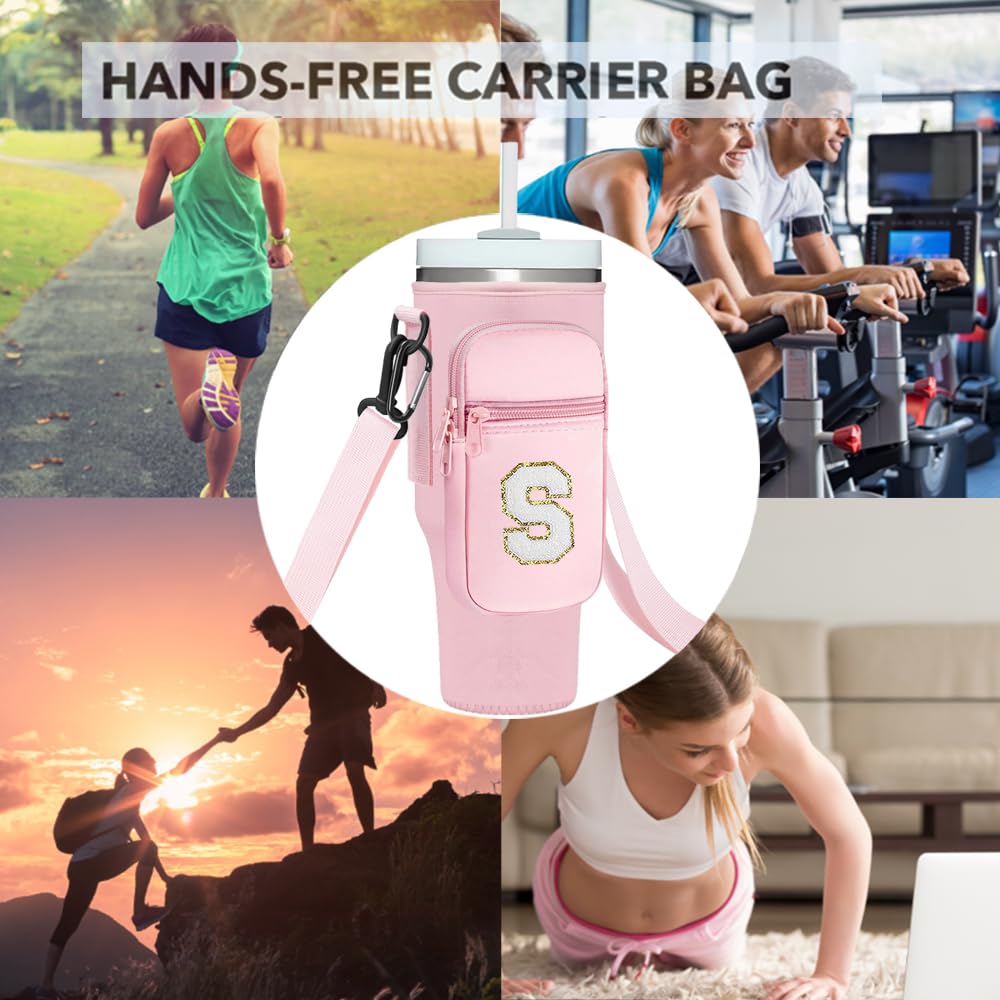 momocici Letter S Cup Carrier Bag with Strap & Pouch for Stanley Quencher 40oz Tumbler.Initial Cup Crossbody Holder Bag Compatible with Stanley Cup for Hiking Travelling Camping.(Rose Quartz)