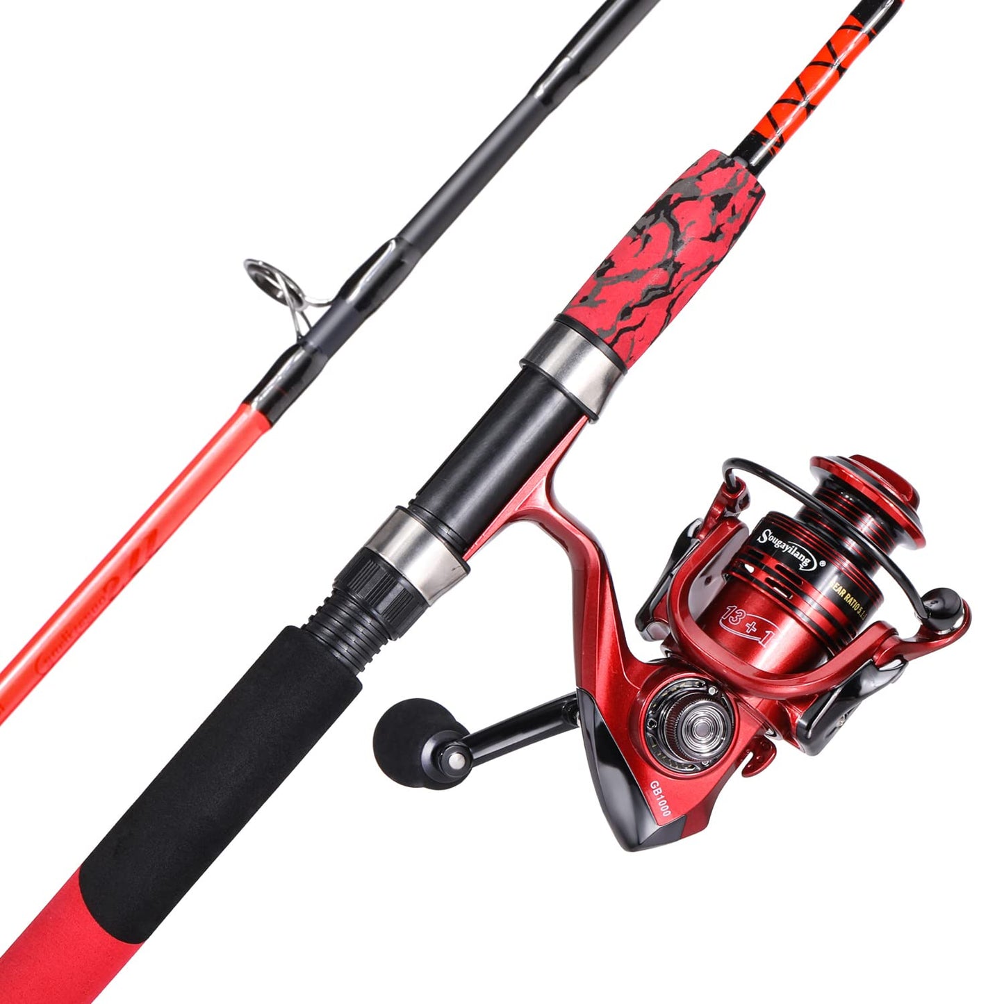 Sougayilang Spinning Reel and 2-Piece Fishing Rod Combo, Durable Graphite & Fiberglass Rod, Split-Grip Cork Handle,Right/Left Handle Position (Red, 7'00''-2000)